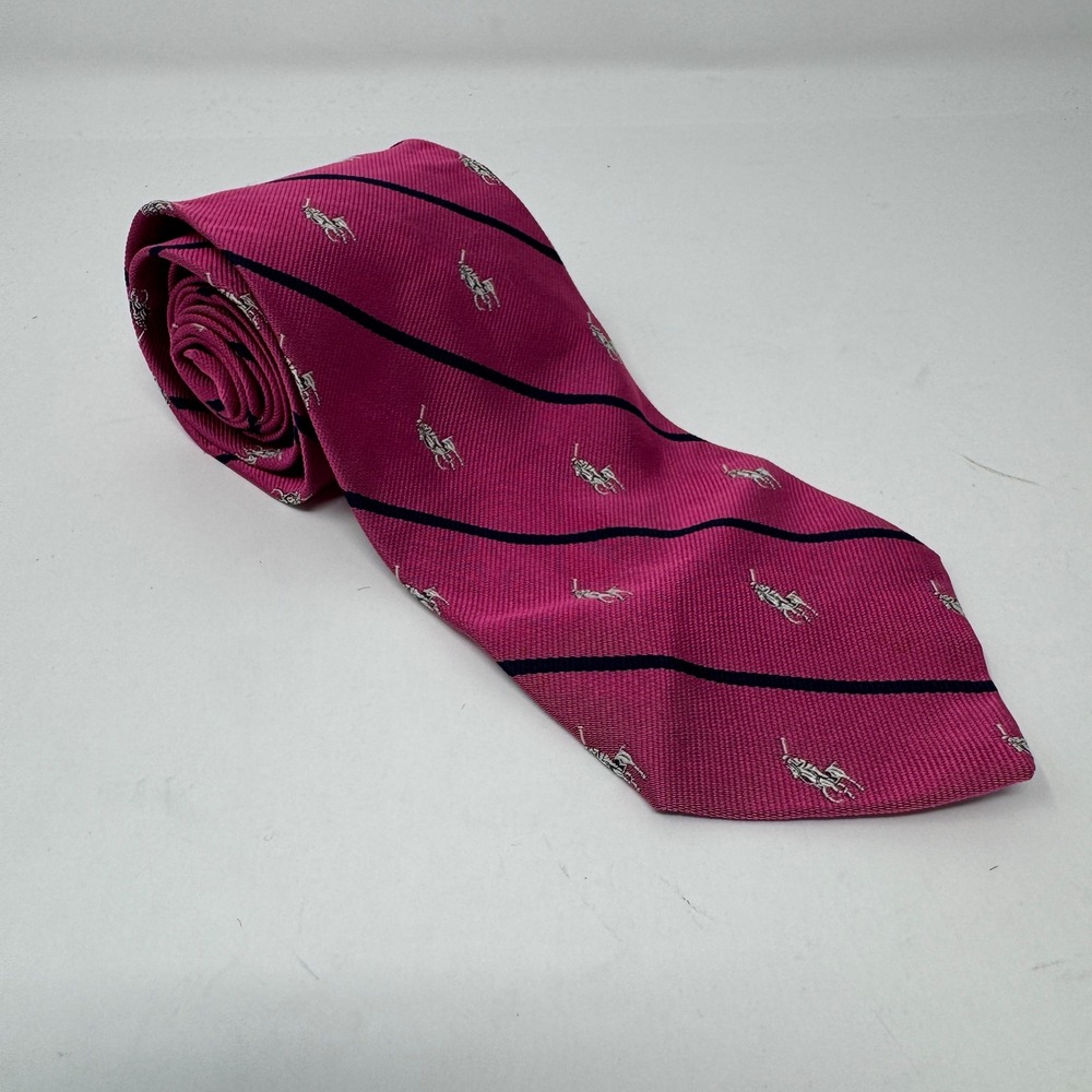 Polo Ralph Lauren Silk Tie Pink Navy Blue Stripe Pony Logo Hand Made Italy